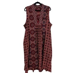 April Cornell Midi Dress 1X Red Sleeveless Pockets Cotton Boho Indie Cottage